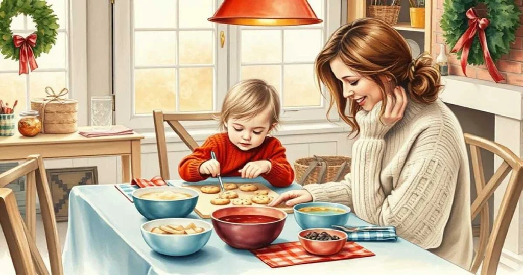 A mom and child joyfully decorating cookies at the dining table using a Christmas Cookie Decorating Kit, surrounded by bowls of toppings, napkins, and cozy holiday lights.