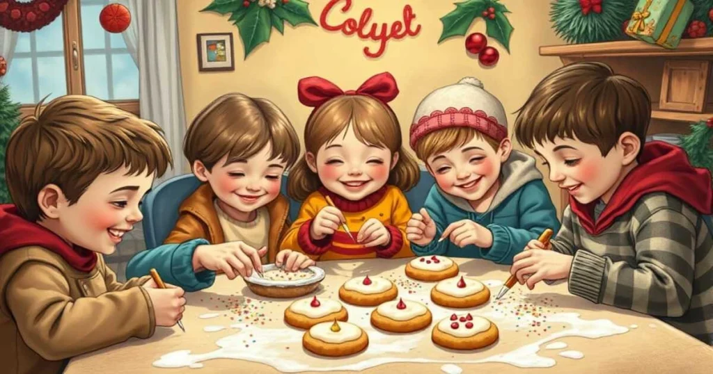 Kids and cousins happily decorating cookies together at a holiday party, with icing splatters, smiles, and laughter filling a cozy festive room.